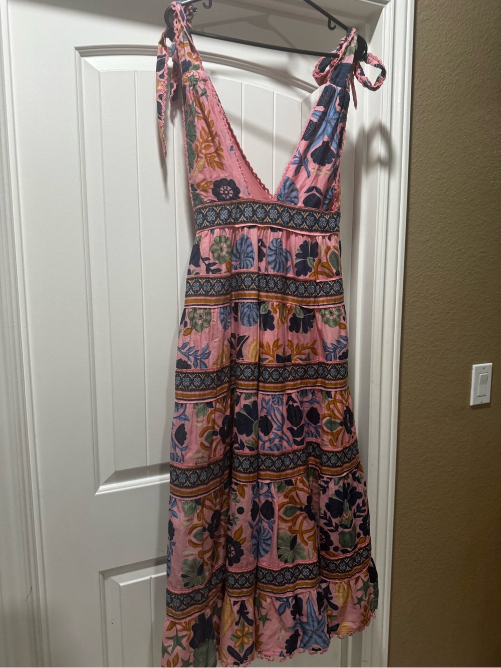 FARM Rio Pink Floral Tie-Shoulder Maxi Dress with Blue and Yellow Accents